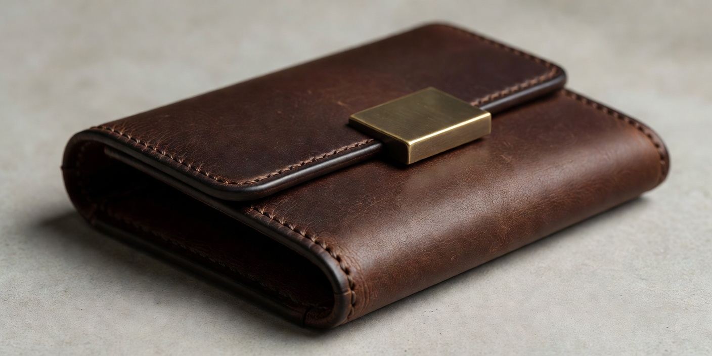 A compact leather wallet showing its stitched edge and understated metal closure