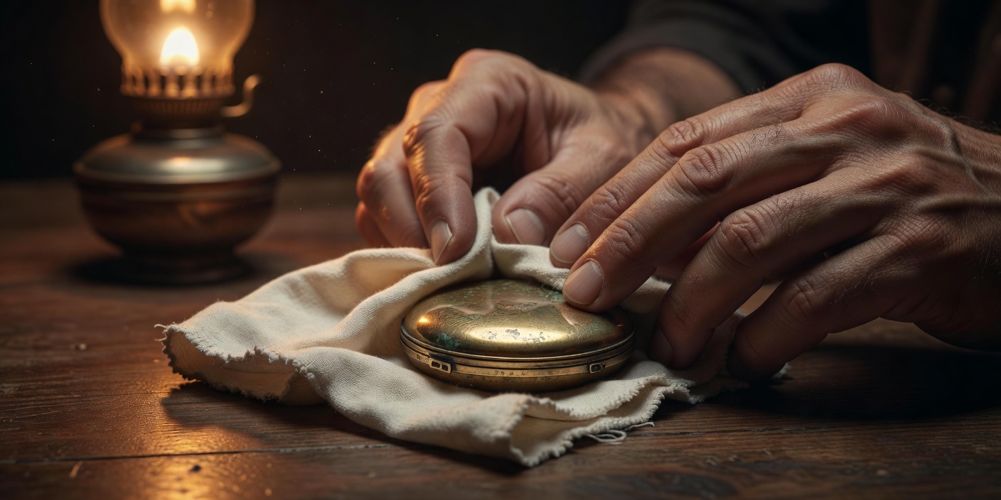 A soft cloth used carefully on a small metal object in low, warm light