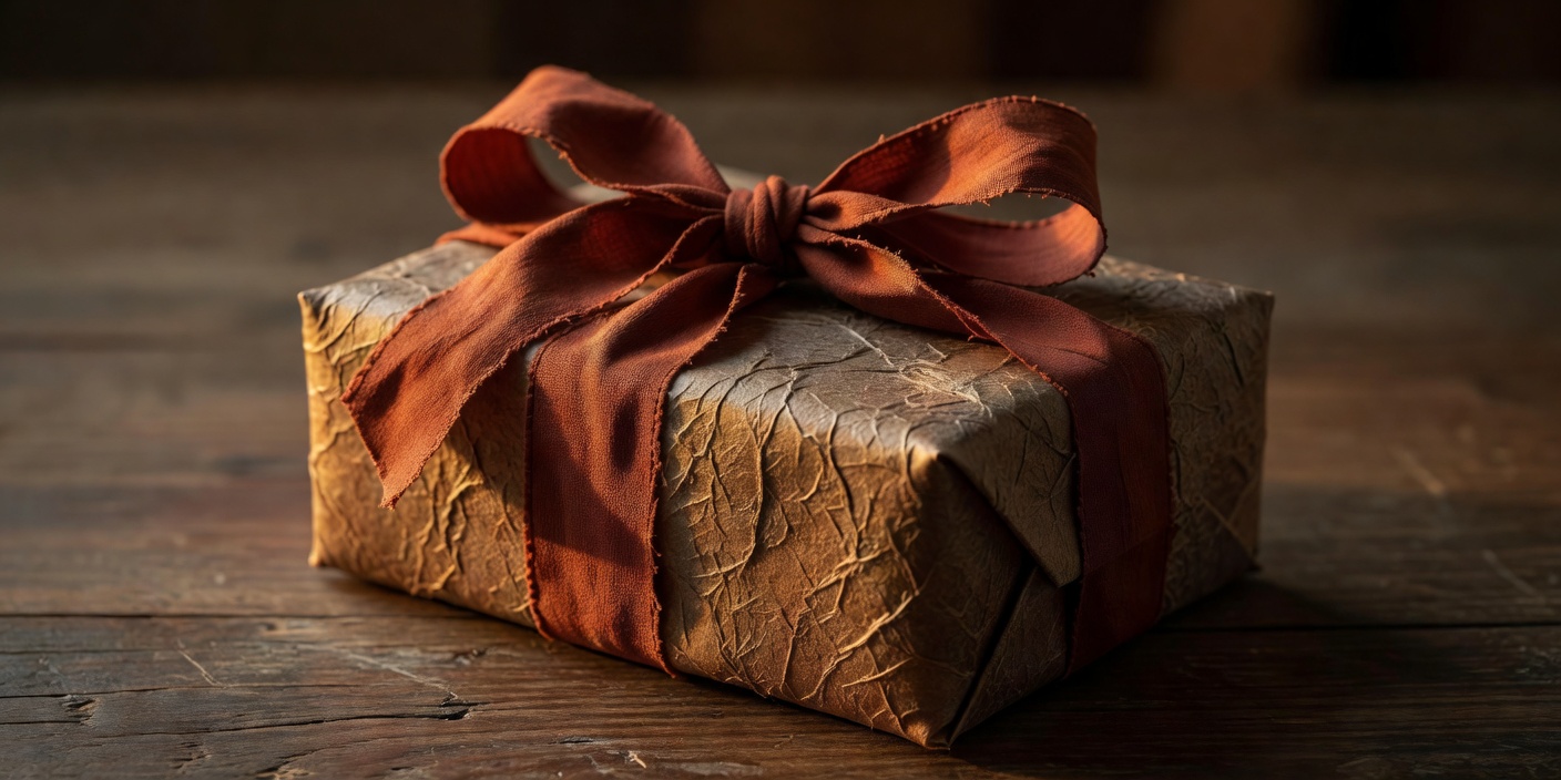 A small present in textured wrapping with a reusable ribbon and deep warm shadows