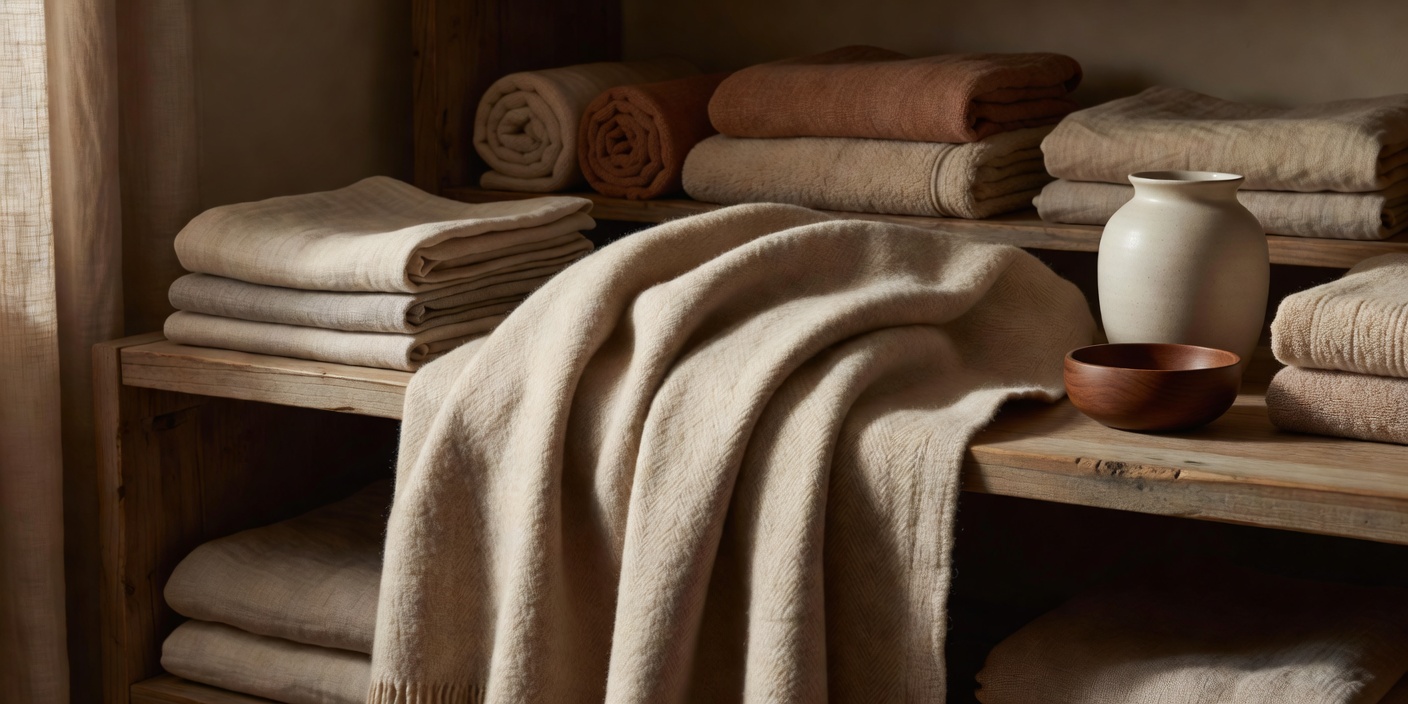 A softly textured throw and considered home objects arranged in warm shadow